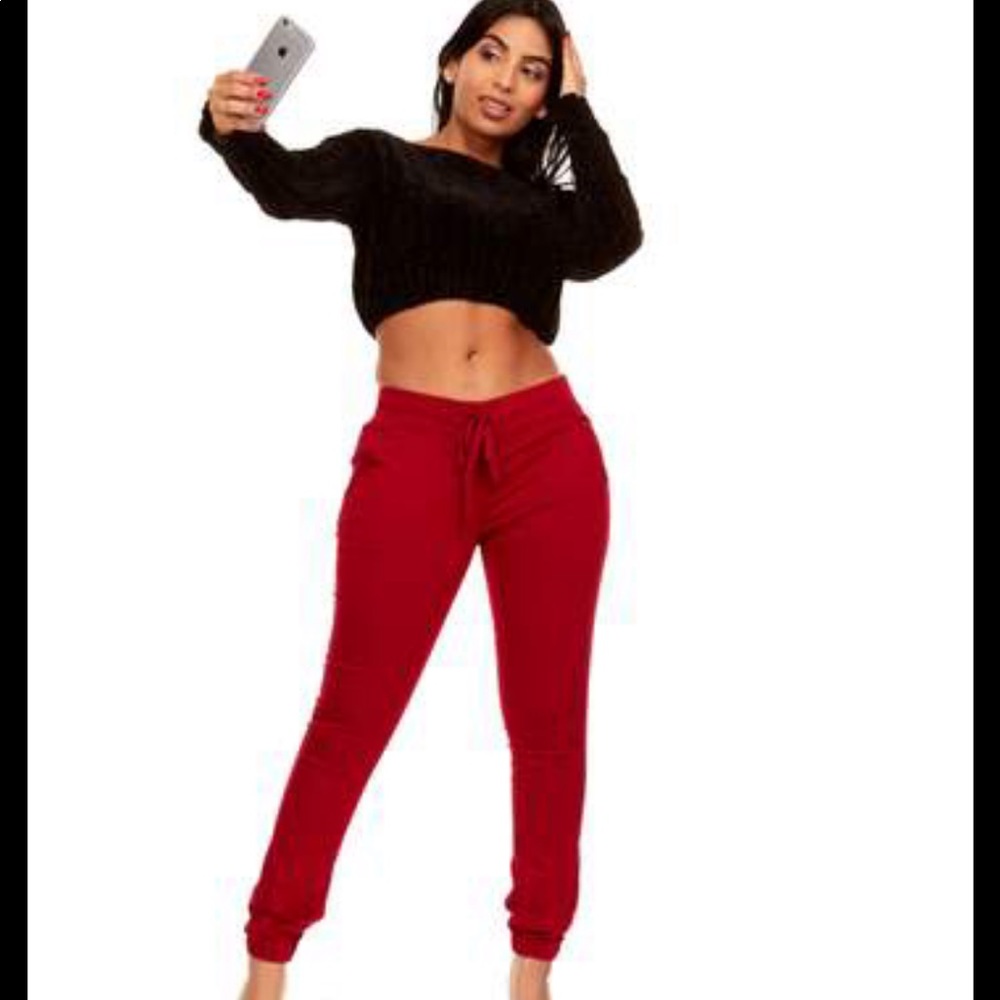 High rise red jean joggers